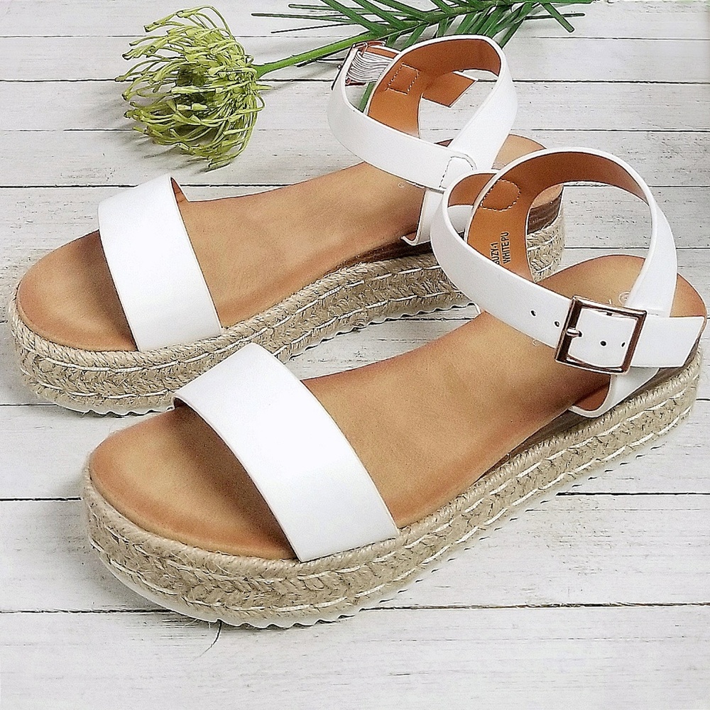 New White Open Toe Espadrille Flatform Sandals - Picture 2 of 2